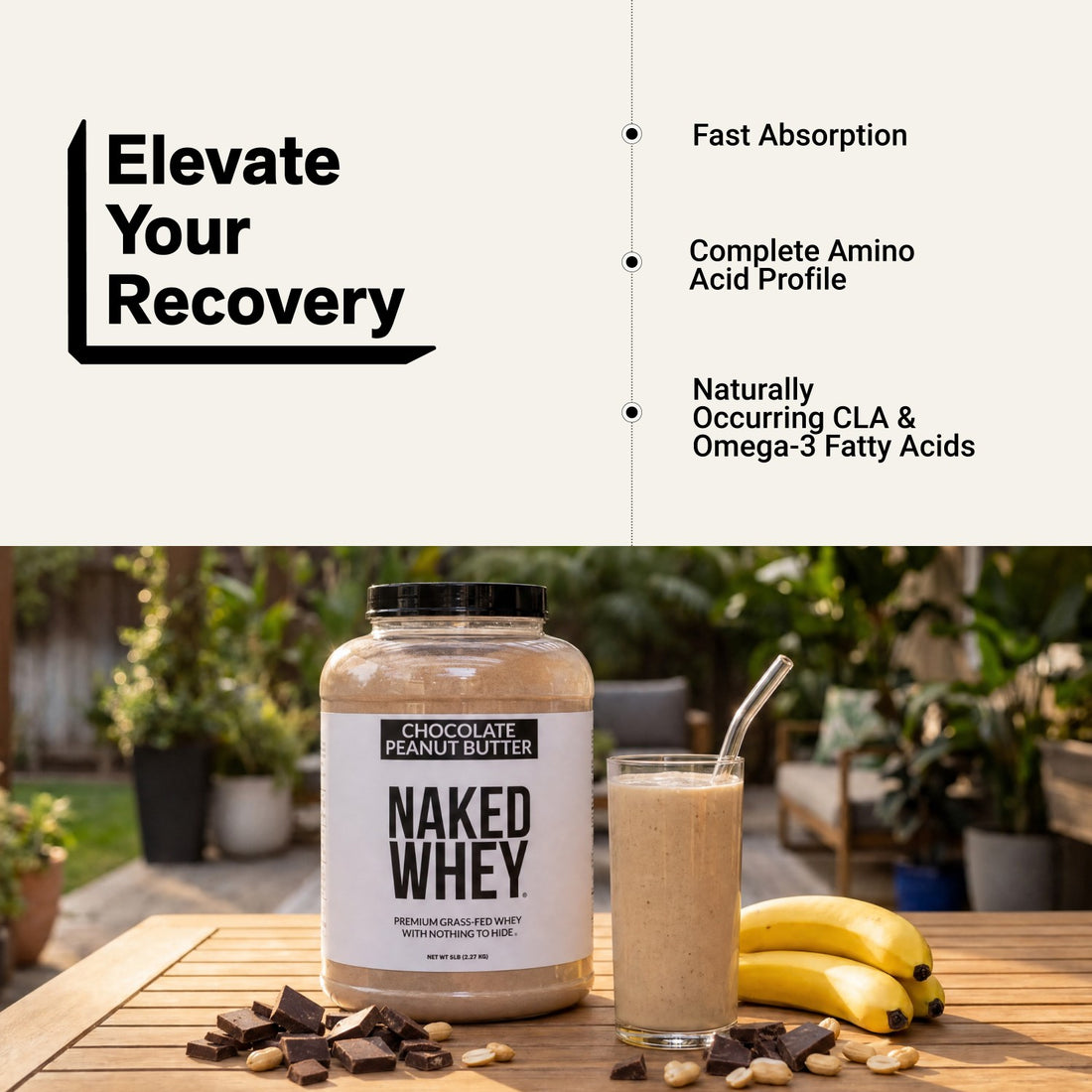 naked whey chocolate peanut butter shake for muscle recovery.