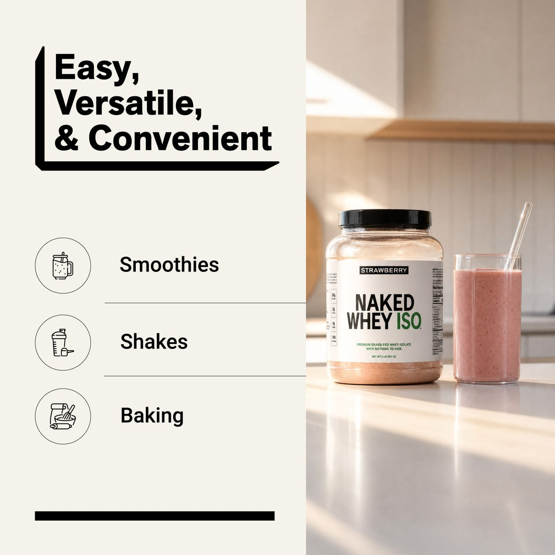 naked whey iso strawberry for smoothies, shakes and baking