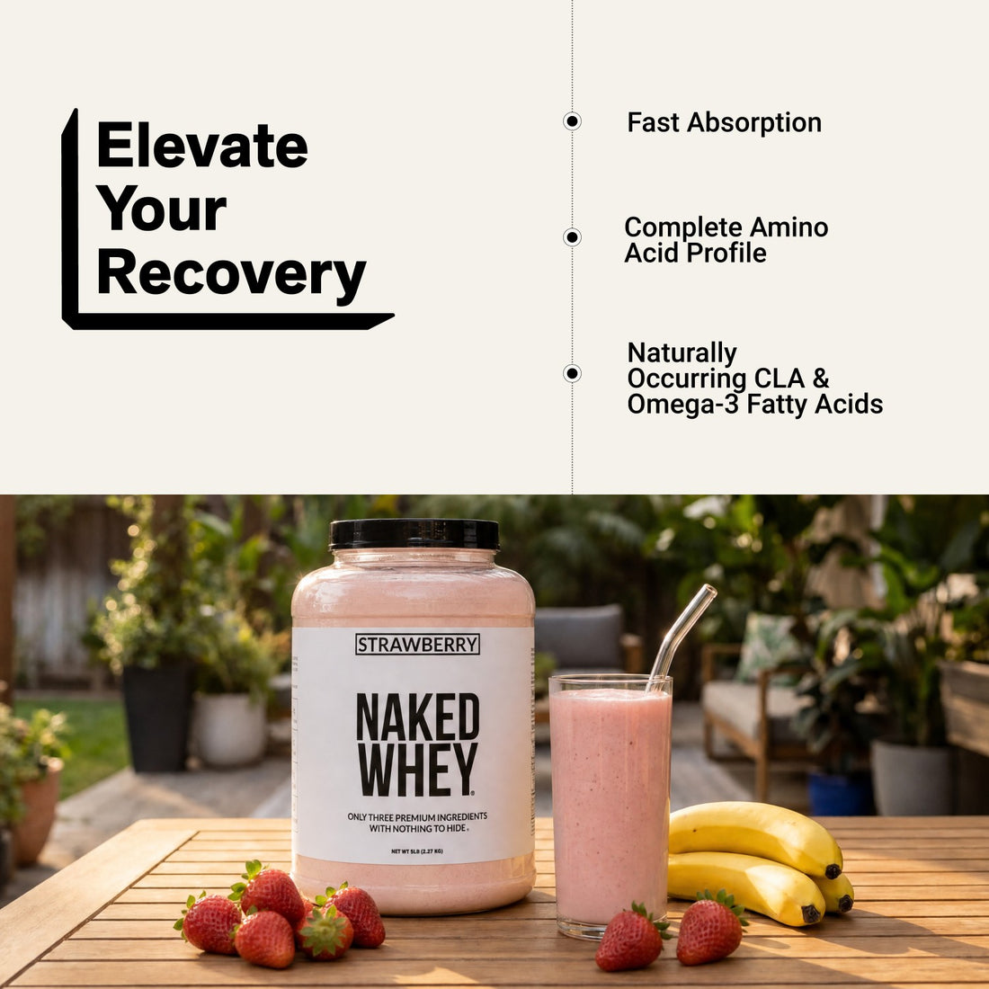 naked whey strawberry protein shake for muscle recovery.