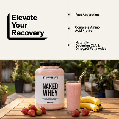 naked whey strawberry protein shake for muscle recovery.