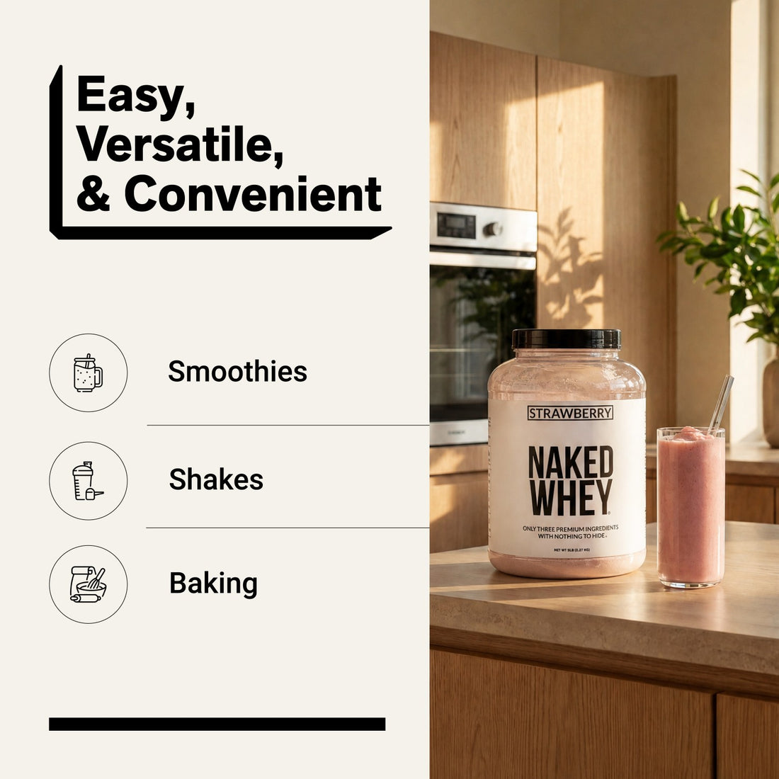naked whey strawberry 5lb for smoothies, shakes, and baking.