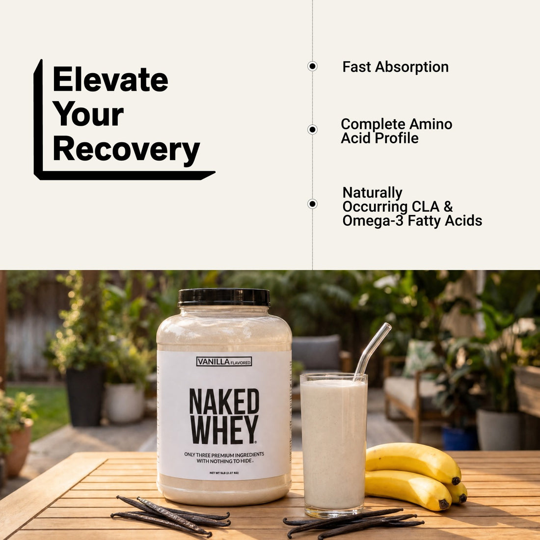naked whey vanilla protein shake for muscle recovery.